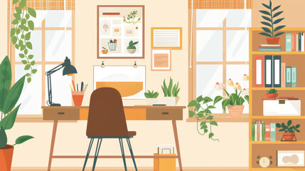 Wall Mural - Cozy room with a desk by the window, a poster, plants and shelves. Illustration in a simple style.