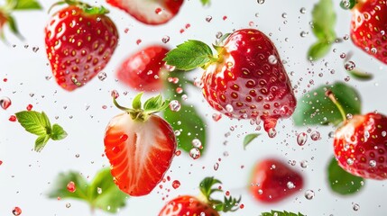 Strawberries and half slices suspended in the air