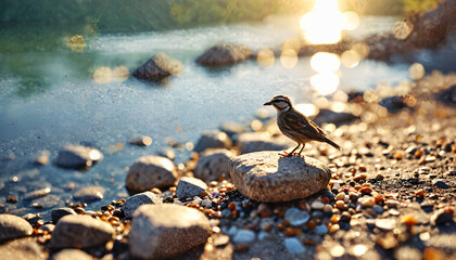 Wall Mural - Oiseau au bord d'une rivière au coucher du soleil