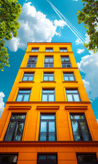 Wall Mural - A tall yellow building with a blue sky in the background. The building has many windows and a balcony