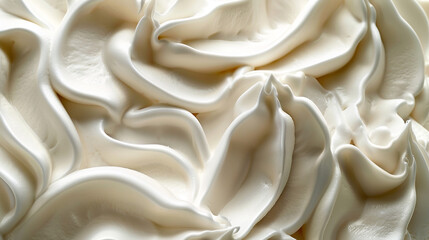 A close-up of white whipped cream showcases a smooth, airy swirl, creating a soft and inviting texture