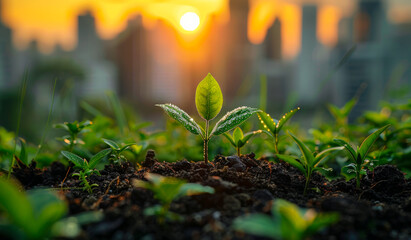 Wall Mural - A small plant is growing in a dirt field with a city in the background