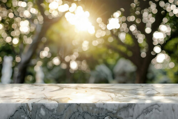 Wall Mural - Empty marble table top is shining with sunlight in blurred park background for product display