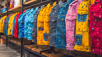 Wall Mural - Vibrant customized denim jackets on display