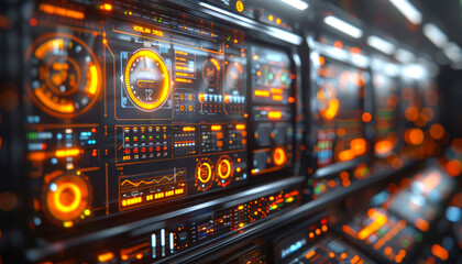 A computer monitor with a large orange circle in the middle. The monitor is filled with many small orange buttons and numbers
