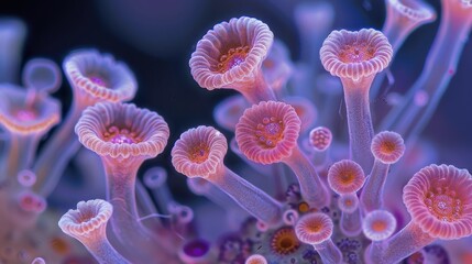 A fascinating view of fungi under a microscope revealing their complex structures and spore formation critical for studying fungal infections and ecology in a laboratory setting