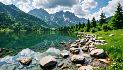 Poster - Lac serein avec vue sur les montagnes