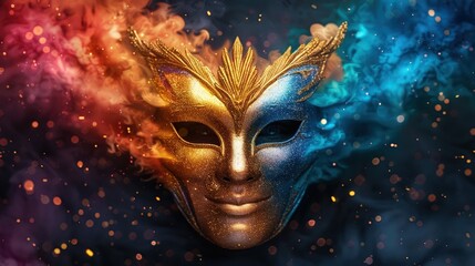 vibrant dual-colored masquerade mask with gold and blue hues against a dynamic bokeh background, sym