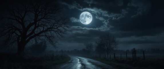 epic spooky night scene with a full moon shining on a misty stormy sky horror concept art.