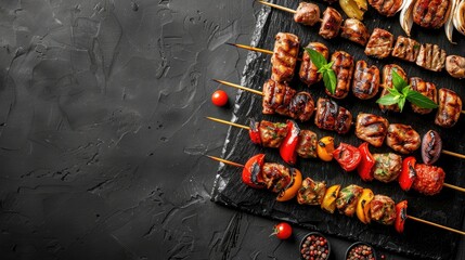 Top view of assorted kebabs on black stone table with space for text