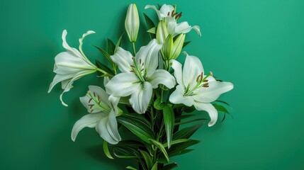 Wall Mural - White lilies bouquet on green backdrop