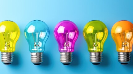 row of colorful light bulbs on a blue background. creative idea, innovation, and bright concept for 