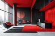© Supannee - A design agency workspace featuring minimalist furniture with black and red details, realistic style, focus on clean lines, corporate theme, vibrant, blend mode, office backdrop