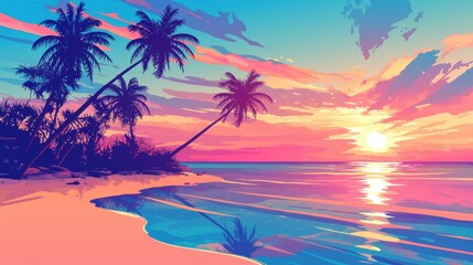 Wall Mural - A picturesque tropical beach with palm trees, white sand, and a stunning sunset casting colorful reflections on the calm ocean waters