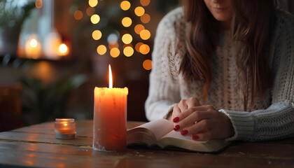 Wall Mural - Woman praying at table with burning candle and Bible, closeup