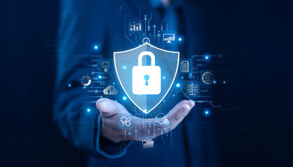 Wall Mural - lock mark cybersecurity internet, protect attacks from a hacker. concept of password privacy on an o