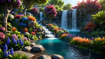 Wall Mural - Tropical waterfall cascading into a serene lagoon surrounded by lush foliage.