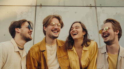 Wall Mural - A group of happy friends in casual light clothes are walking on a sunny day. Modern men and women spend time together outdoors. Concept of fun, friendship and walking.