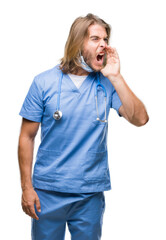 Sticker - Young handsome doctor man with long hair over isolated background shouting and screaming loud to side with hand on mouth. Communication concept.