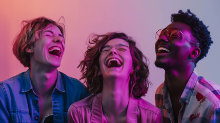 Wall Mural - Young happy friends laughing on a light purple background. Multiracial men and women having fun indoors. Lifestyle. Concept of friendship, fun.