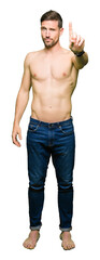 Poster - Handsome shirtless man showing nude chest Pointing with finger up and angry expression