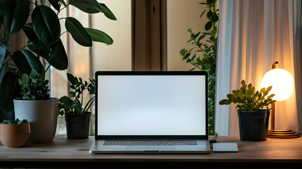 Mockup image of laptop with blank white screen on white table.
