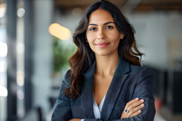 Wall Mural - successful confident arabian hispanic smiling latino indian businesswoman worker lady boss female leader business woman posing hands crossed looking at camera in office corporate portrait