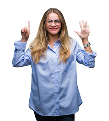 Wall Mural - Young beautiful blonde business woman wearing glasses over isolated background showing and pointing up with fingers number six while smiling confident and happy.