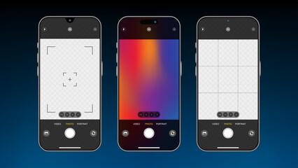 Smartphone Camera Interfaces for Smart Mobile Template: Viewfinder, Grid, Buttons, Lights, and Focus Controls. Vector.
