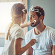 © NonVig/peopleimages.com - Crown, makeup and girl with dad in home for dress up with tea party for bonding together. Happy, cosmetic and child having fun with father for fantasy costume with princess tiara in family house.