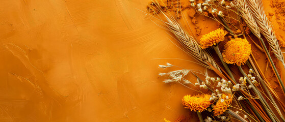 Harvest festival concept. Fall mockup with golden dry wheat, grain, herbs on yellow background. Lammas day composition. Autumn Layout with copy space. Generative ai	