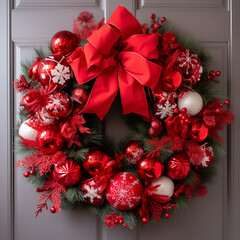 Poster - christmas wreath with red ribbon