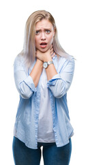 Sticker - Young blonde woman over isolated background shouting and suffocate because painful strangle. Health problem. Asphyxiate and suicide concept.