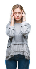 Poster - Young blonde woman over isolated background with hand on head for pain in head because stress. Suffering migraine.