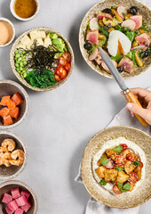 Sticker - Delightful Salad and Poke Bowl Composition Featuring Nicoise and Eggplant with Stracciatella