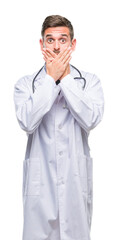 Sticker - Young handsome doctor man over isolated background shocked covering mouth with hands for mistake. Secret concept.