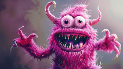 Cute pink monster with silly expression waving its hands. Digital art isolated. Fun Halloween design.