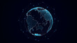 © Liudmyla - Vector abstract blue sci-fi planet Earth with particles and lines. Technology network connection on world. Global digital connections ai. 3D virtual wireframe geometric sphere.