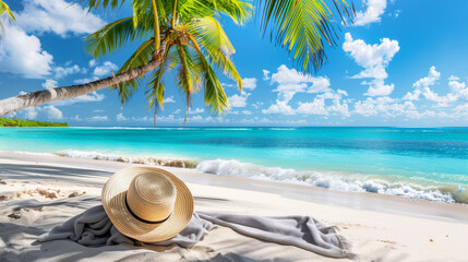 Beach accessories straw hat, towel on sunny tropical Caribbean beach with palm trees and turquoise water, caribbean island vacation, hot summer day