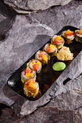 Sticker - Tempura Roll with Mango and Grapefruit on Slate Stone Background – Gourmet Japanese Fusion Cuisine