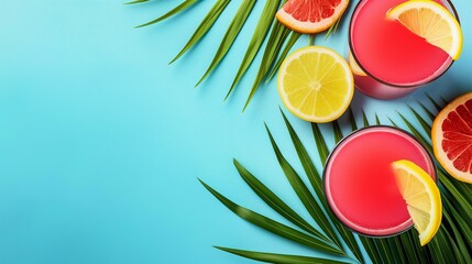 A blue background with a bunch of fruit including oranges, lemons, and grapefruit. Two drinks are on the table with a garnish of lemon slices