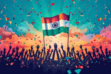 Wall Mural - People on the streets of an Indian city with national flags as part of the campaign. Indian Independence Day