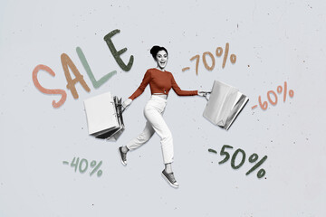 Canvas Print - Collage 3d pinup pop retro sketch image of excited lady running shopping sale isolated grey color background