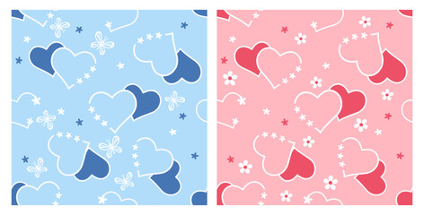 Wall Mural - Seamless pattern with hears shape, cute flower and butterfly cartoons on blue and pink backgrounds vector.