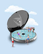 © Lustre Art Group  - Contemporary art collage. Friends enjoy fun time in surreal pool set inside player, blending retro vibes with summer excitement and laughter. Concept of retro summer, music, surrealism, holidays