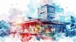 © Supannee - Abstract watercolor painting of a modern building with vibrant colors and a dynamic composition.