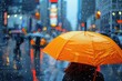 © NikahGeh - Woman holding an orange umbrella in the rain on a busy city street