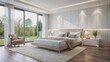 © Wanlop - Serene minimalist white bedroom with sleek furniture, abundant natural light, and subtle textures, evoking a sense of calm simplicity.