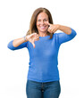 © Krakenimages.com - Middle age beautiful woman wearing winter sweater over isolated background Doing thumbs up and down, disagreement and agreement expression. Crazy conflict