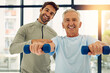 © Penn/peopleimages.com - Mature, man and portrait with dumbbell for physical therapy with physiotherapist, mobility exercise and arthritis management. Geriatric physiotherapy, arm and stretching for rehabilitation and muscle